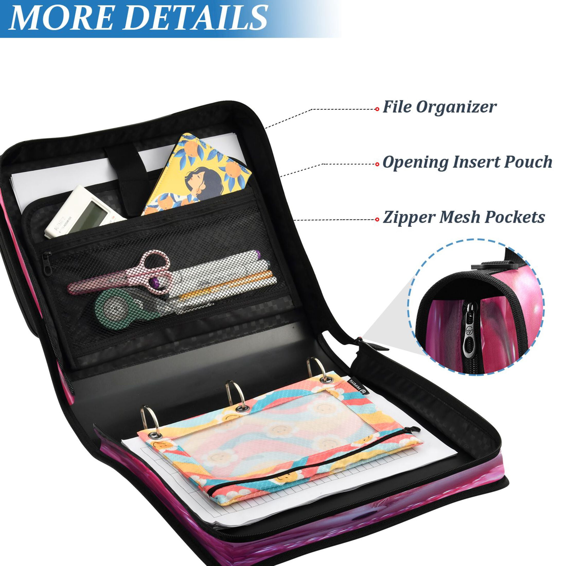 YAZAOO Zipper Binder trapper keeper Documents Organized Design Sleeping Fox Pink Flowers Pearls Printed