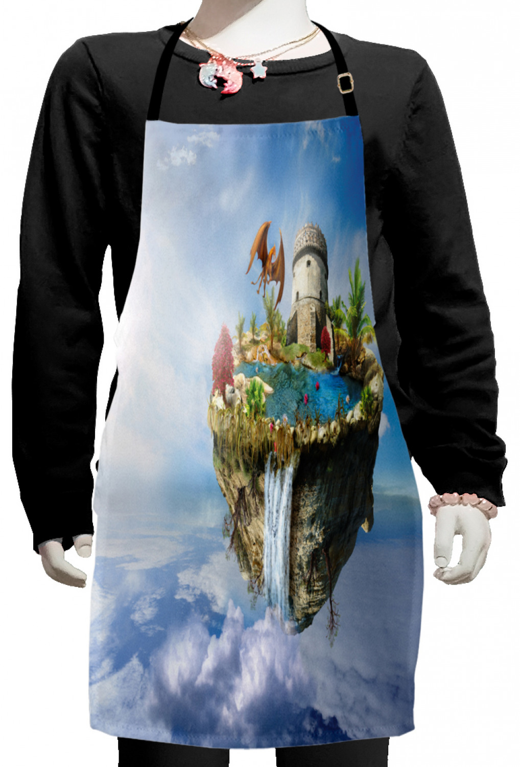 Castle Apron Fantasy Kids Apron, Island with Dragon Castle Tower Waterfall and ...