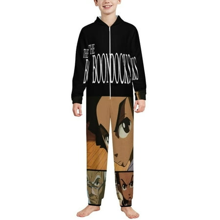 Kids The Boondocks Onesie Pajamas Zip Up One Piece Sleepwear Fleece Hooded Jumpsuits