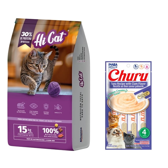 Hi-Cat 15 kg + Churu Atún con Almeja Sobre con 4 Tubos de 14 g