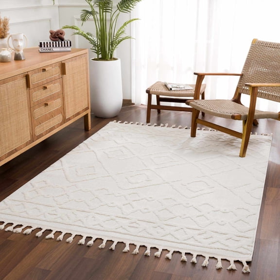 Hauteloom Gyundyukoru Living Room, Bedroom Area Rug - Bohemian, Transitional - High Pile - Cream - 7'10" x 10'
