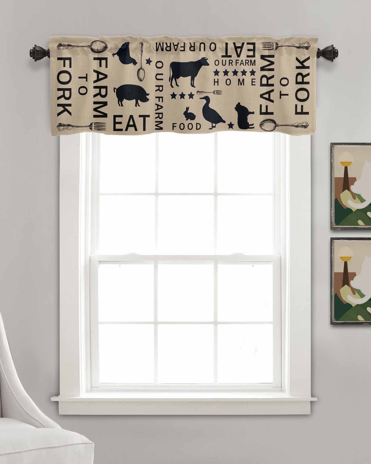 Farmhouse Brown Linen Curtain Valance for Bedroom/Bathroom/Kitchen/Living/Dining Room Window,Farm Star Fork Pig Chicken Duck Bunny Cow Pocket Topper Drapes Decorative Cafe Drapery Panel 42"x18"