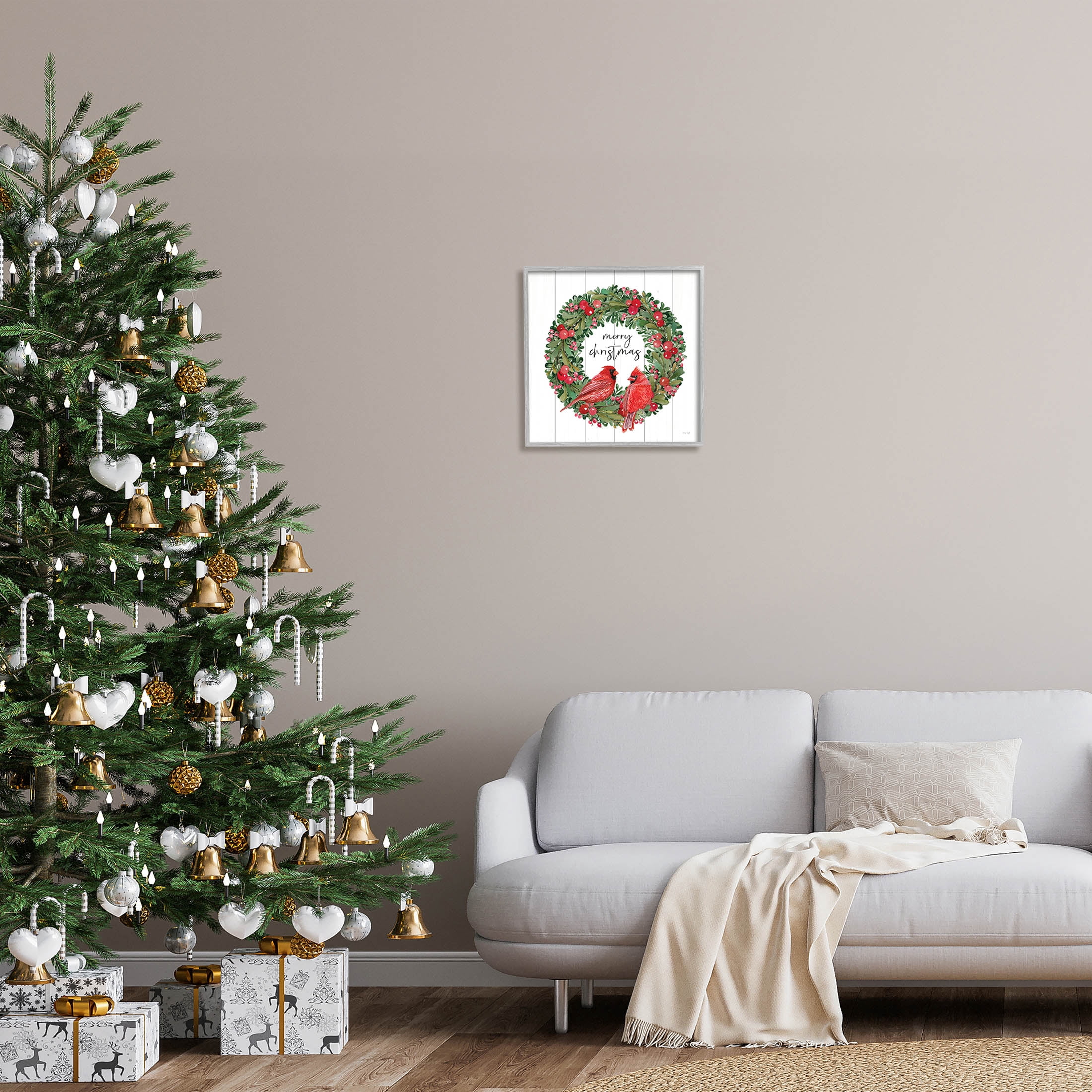 Merry Christmas Red Cardinal Wreath Holiday Graphic Art Gray Framed Art Print Wall Art