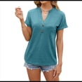 thumbnail image 2 of Camisetas de Mujer Modernas con Cuello en V y Botones, de Corta, Informales, Básicas, Holgadas Azul Pavo Real S, 2 of 10