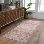 BoutiqueRugs Washable Red Medallion 10ft Runner Rug Traditional Light Blue Charcoal Orange Yellow Off White Eira Hallway Kitchen Corridor Stairway Laundry Room 2'7 x 10' Easy Clean Stain Resistant