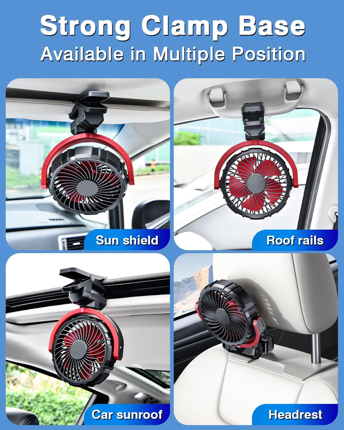 Car Clip on Fan for Sun Visor Handle, 2000Mah Rechargeable Battery Powered USB Fans That Blow Cold Air, Portable Car Cooling Fan for Cars Without Ac, for Vehicle, Van, SUV, Rv, Truck, Red
