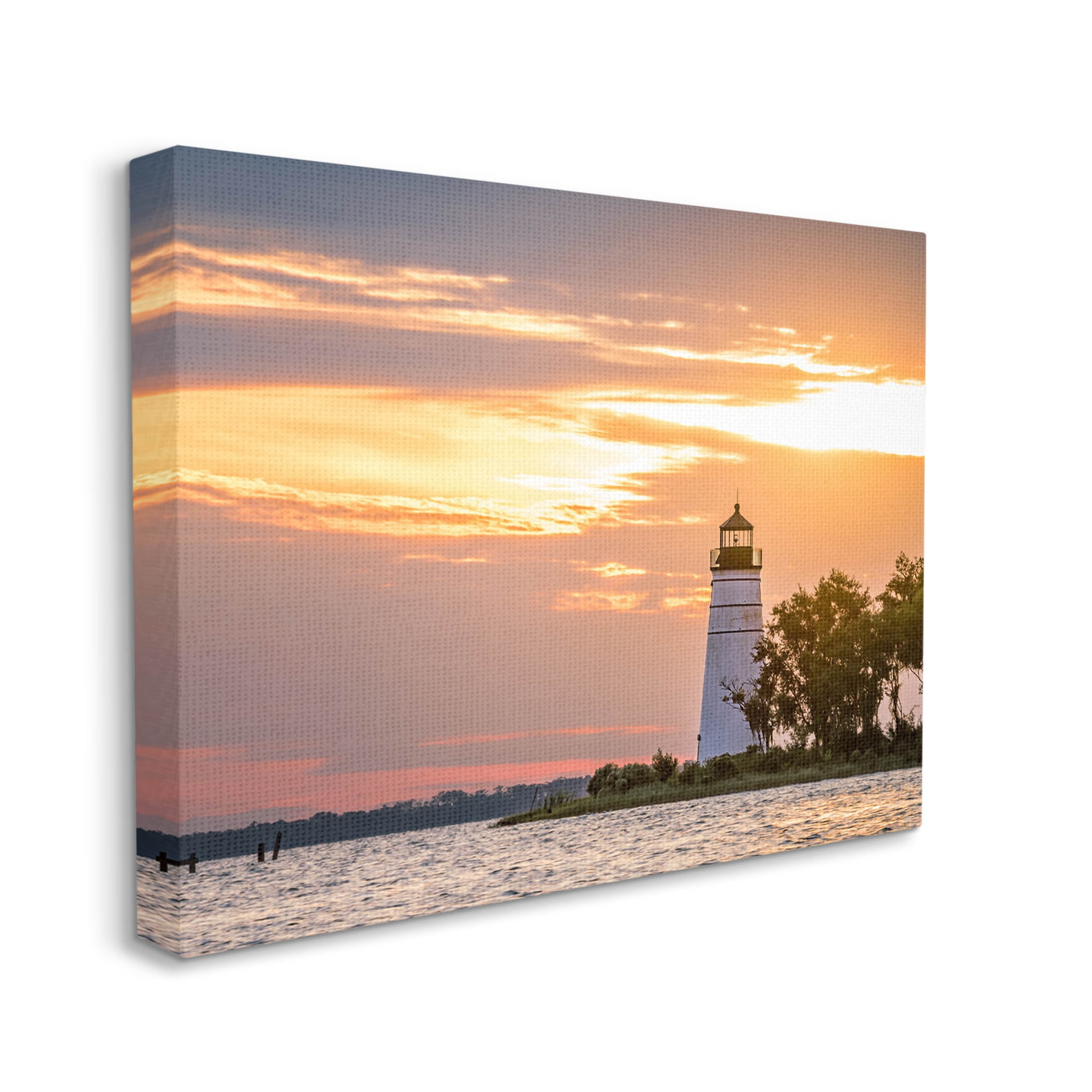 Nautical Lighthouse Sunset Horizon Coastal Photograph Gallery Wrapped Canvas Print Wall Art