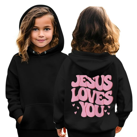 XADYUY Girls Hoodies Size 10-12 Jesus Loves You Letter Print Christian Long Sleeve Sweatshirt Boys Girls Oversized Pullover Tops Casual Cute Preppy Sweater with Pockets,Black