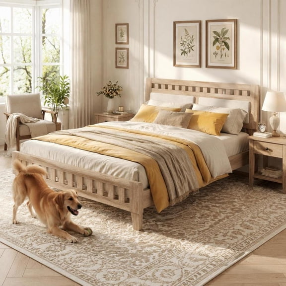 Queen Size Wood Bed Frame, upholstered headboard, natural finish, 12 plywood slats, no box spring needed