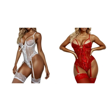 (2-Pack) Kcodviy Women Lace Up Plus Size Silk for Women 3X Front Floral Lace Garter Panties Teddy Bodysuit s Red for Woman Plus Size Lace Lin