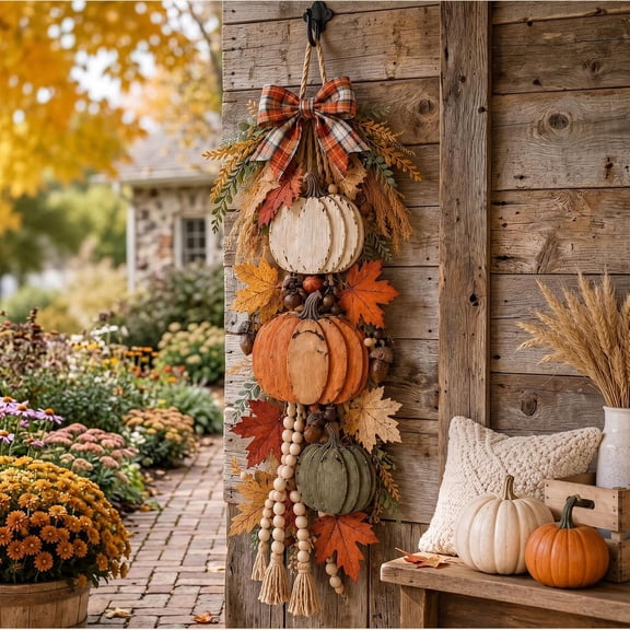 Rustic Wooden Pumpkin Door Hanging with Warm Lights 21.7in, Harvest Fall Farmhouse Decor with Autumn Leaves for Porch Entryway