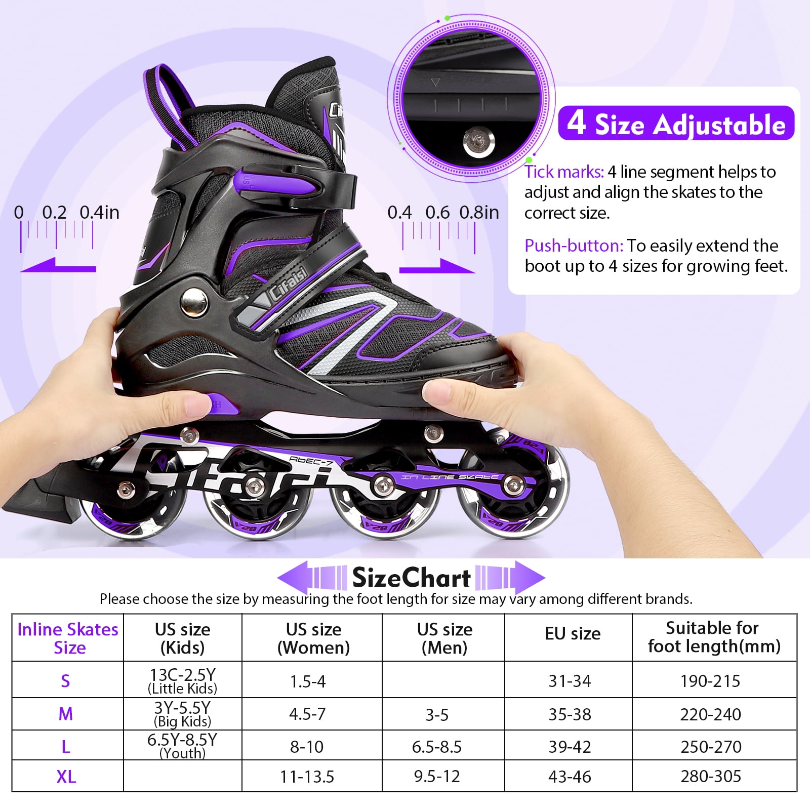 Cifaisi Adjustable Inline Skates with Illuminating Wheels for Kids,Girls and Boys,Size 6.5-8