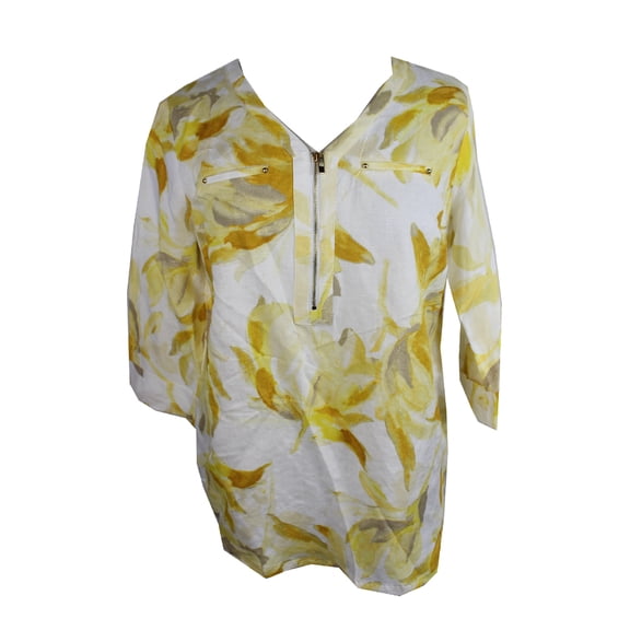 Alfani Womens Petite Yellow Grey Geo-Print Asymmetrical Top 10P