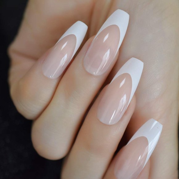Ombre French Tip Extra Long Ballerina Shape False Press On Natural Nails White Gradient Nude Coffin Tips with Adhesive Tabs (L5031)
