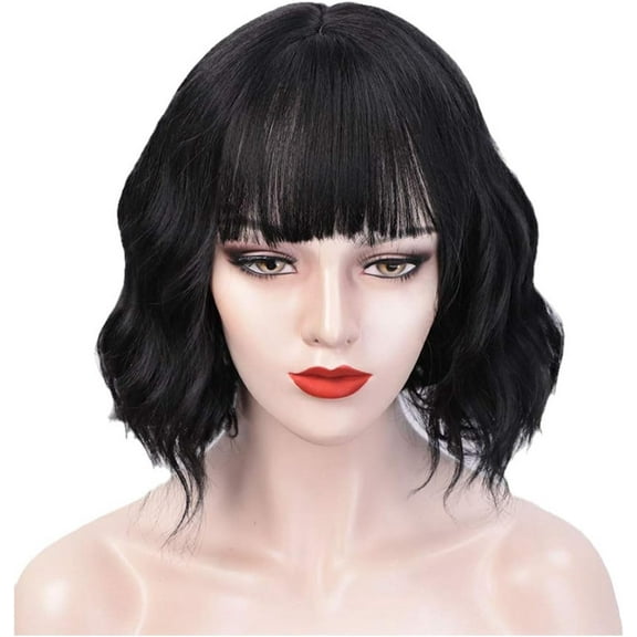 Aorsher 10Inch Short Bob Black Wig With Bangs Synthetic Natural Hair Wigs for Women Heat Resistant Fiber Adjustable Wigs for Daily Party Use