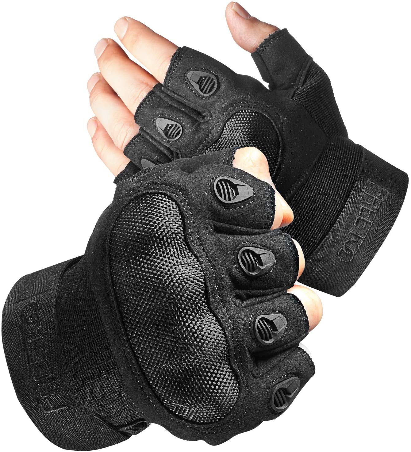 Men Tactical Gloves Military Rubber Hard Knuckle Cycling Black Half Finger Black 