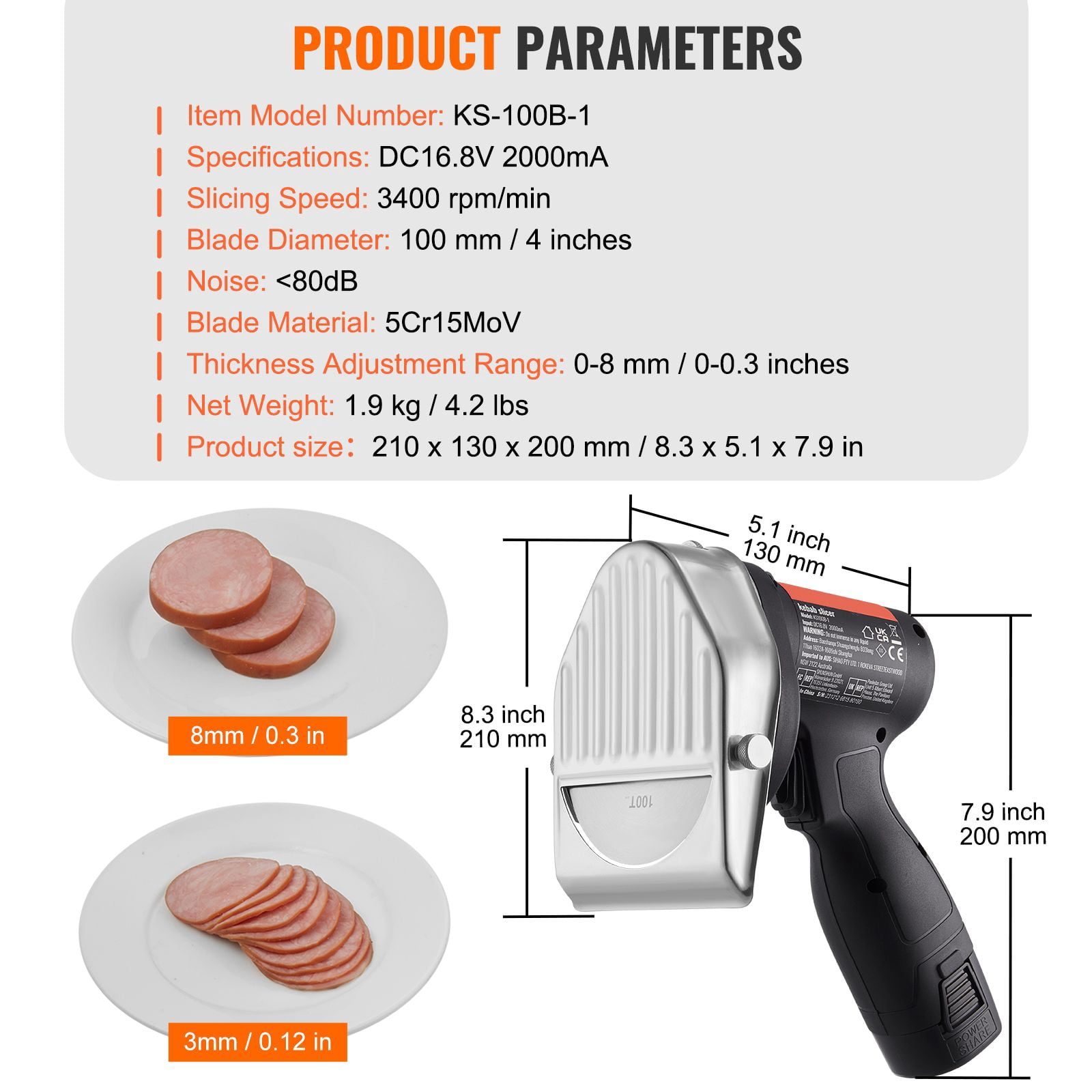 Cordless Shawarma Knife 80W 0-8mm Thickness with 2 Batteries 115min Runtime for Turkish Kebab