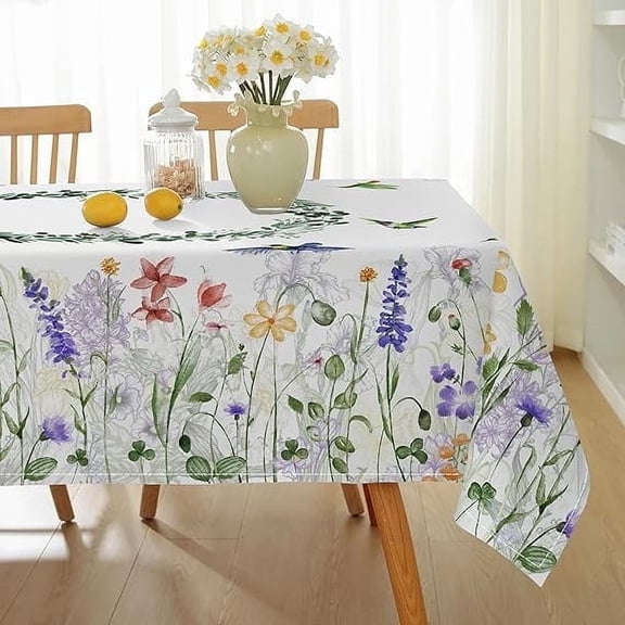 Spring Summer Tablecloth Rectangular Watercolor Wild Flower Birds Plants Decorative Table Cloth Washable Water Resistant Table Cover for Party Picnic Dinner Decor, Colourful