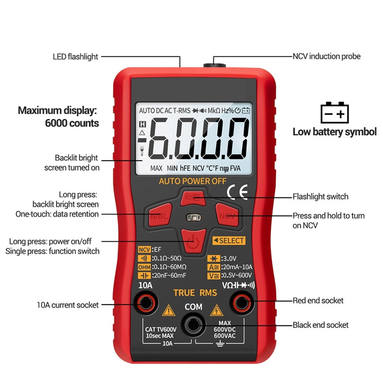 Mini Multimeter 6000 Counts Digital Tester True Rms Auto Mmultimetro Tranistor Meter With NCV Data Hold Test Tools ,Battery Test