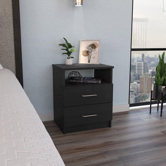 Napoles Nightstand - Two Drawers, One Shelf, Stylish Black for Any Room