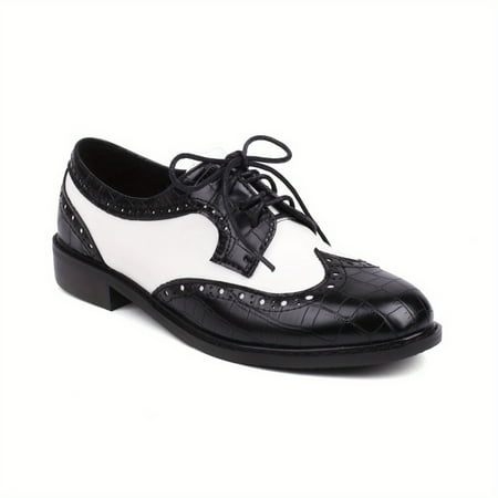 

Women‘s Block Low Heel Oxfords Black & White Lace Up Low Top Shoes Retro Classic Perforated Brogues Shoes