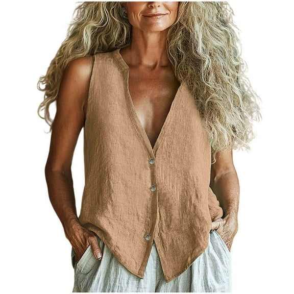 JSheng Women's Tank Tops Cotton Linen Solid Color Cotton Linen V-Neck Casual Button Sleeveless Vest Top Khaki XXL