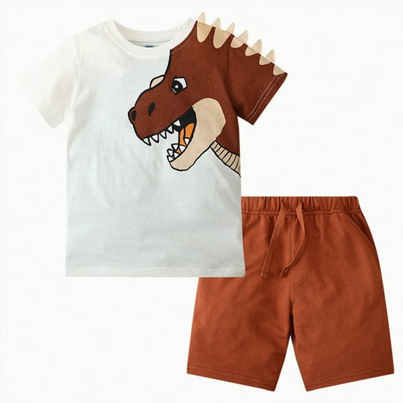 TOWED22 Toddler Boy Summer Outfits Baby Boy Print Short Sleeves T-Shirt Plaid Shorts Set Infant Boy Clothes Set(Brown,2-3 Years)