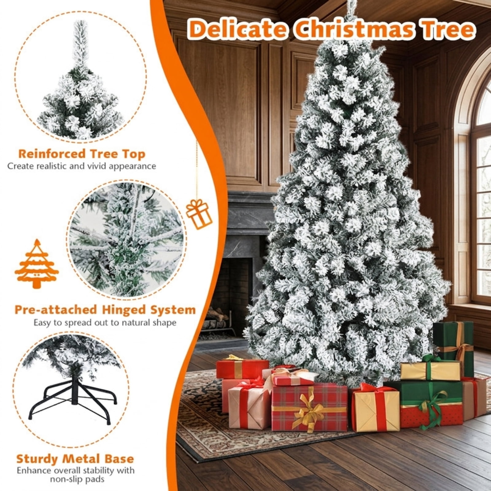 RUIE, 6 ft, Artificial Christmas Tree, with 250 LED Lights, 600 Branch Tips, Snow Flocked Holiday Xmas Tree for Indoor Home Office Decoration