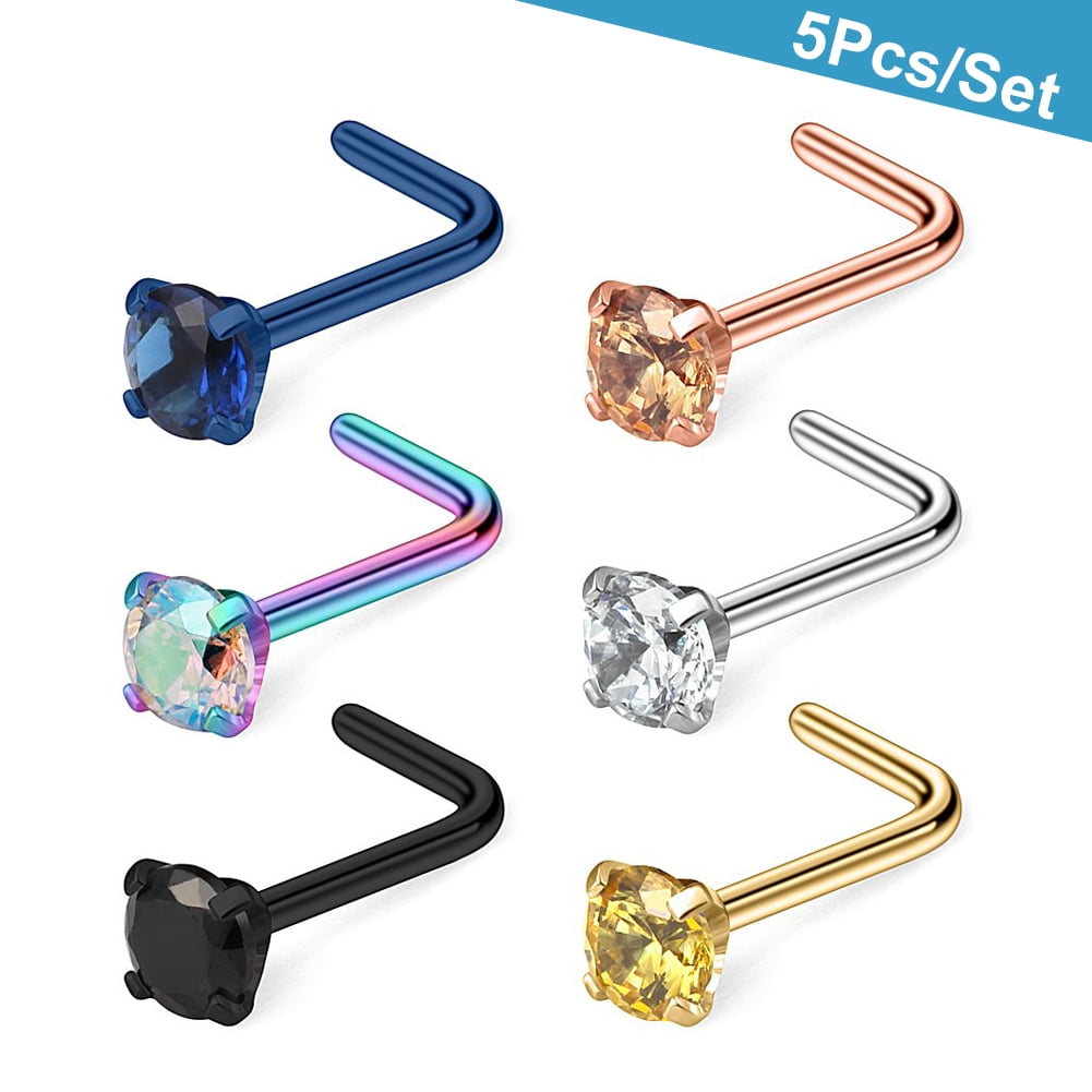 20G Clear CZ Titanium IP Over 316L Surgical Steel L Bend Nose Stud Bar Ring 