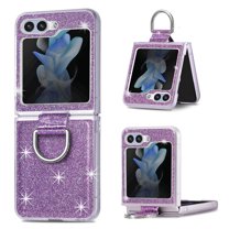 for Galaxy Z Flip 5 5G Case with Ring, Glitter Crystal Bling Sparkly Leather with Slim Fit Hard PC Bumper Protective Cases Cover Compatible with Samsung Galaxy Z Flip 5 5G 2023, Purple