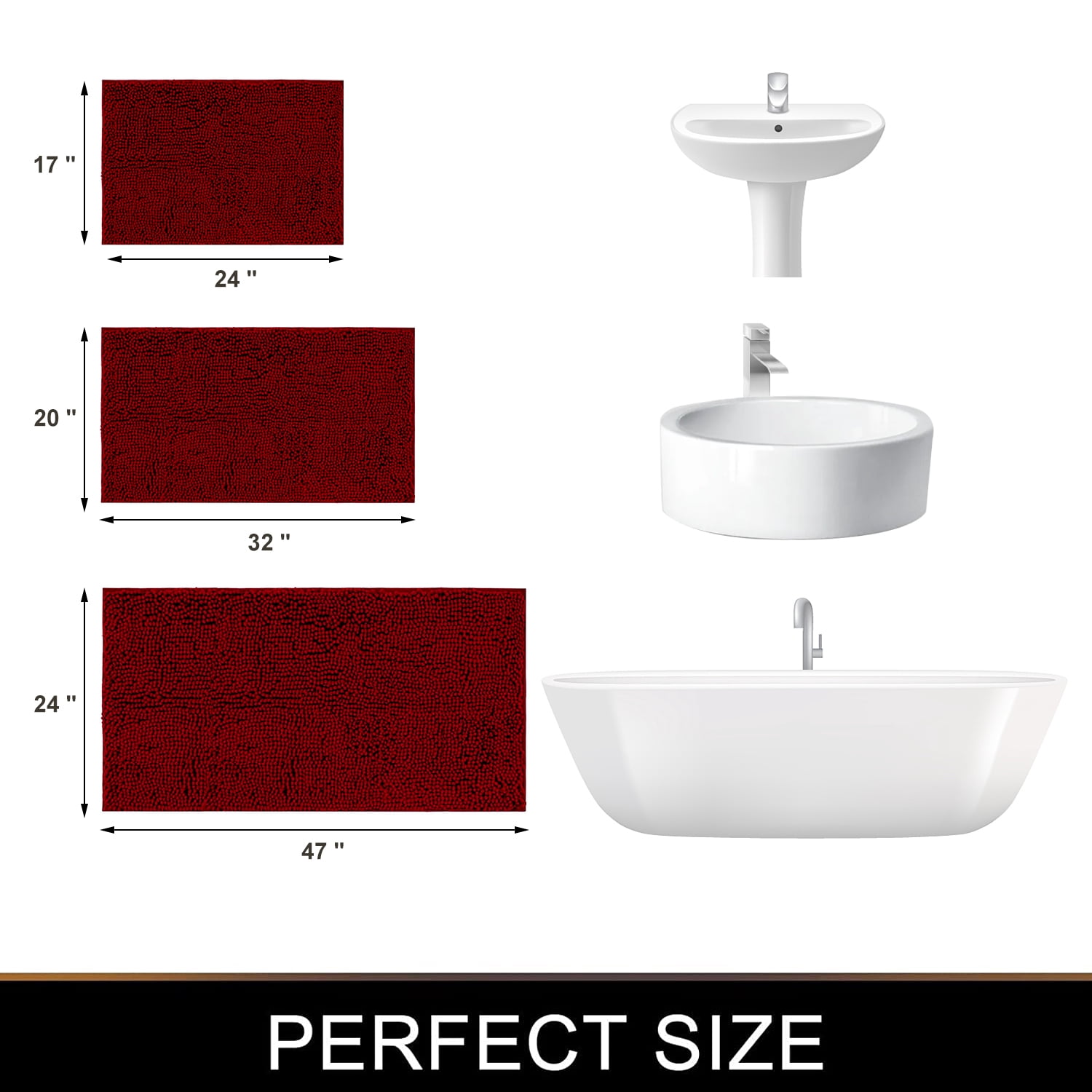 Chenille Bathroom Rugs, Extra Soft and Absorbent Shaggy Bath Mat Rugs, Washable Non Slip Shower Mat Carpet for Bathroom Floor, Tub and Shower, 24"x47", Burgundy