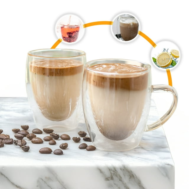 Juego de Tazas de Vidrio Termico Borosilicato para Cafe Espresso o Te con Asa Set de 2 Piezas Doble Fondo 12 Onzas Gaon
