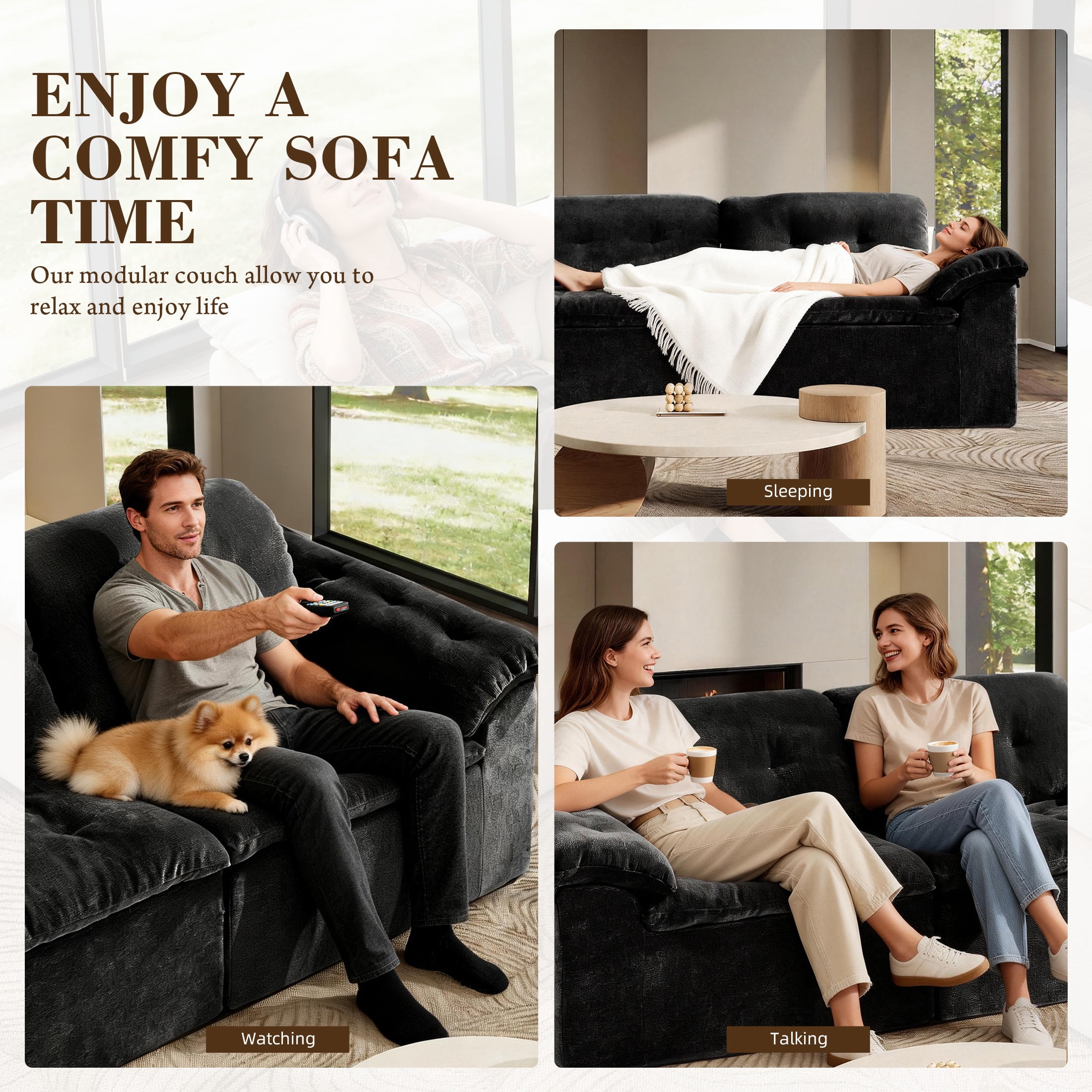 Aukfa 3-Piece Cloud Modular Sectional Sofa for Living Room, Ice Flower Chenille, Black