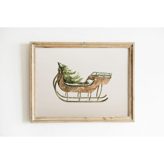 Watercolor Sleigh with Christmas Tree Print Vintage Sleigh Printable Holiday Decor Christmas Wall Art Winter Print Picture No Frame