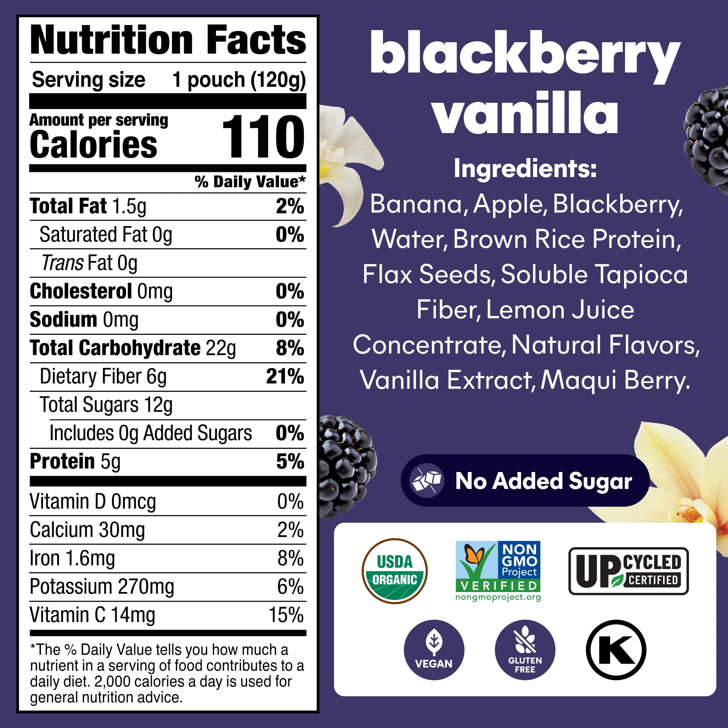 (3 pack) Noka Organic Superfood Smoothie Pouches, Plant Protein, Blackberry Vanilla, 4.22oz, 4 Pack
