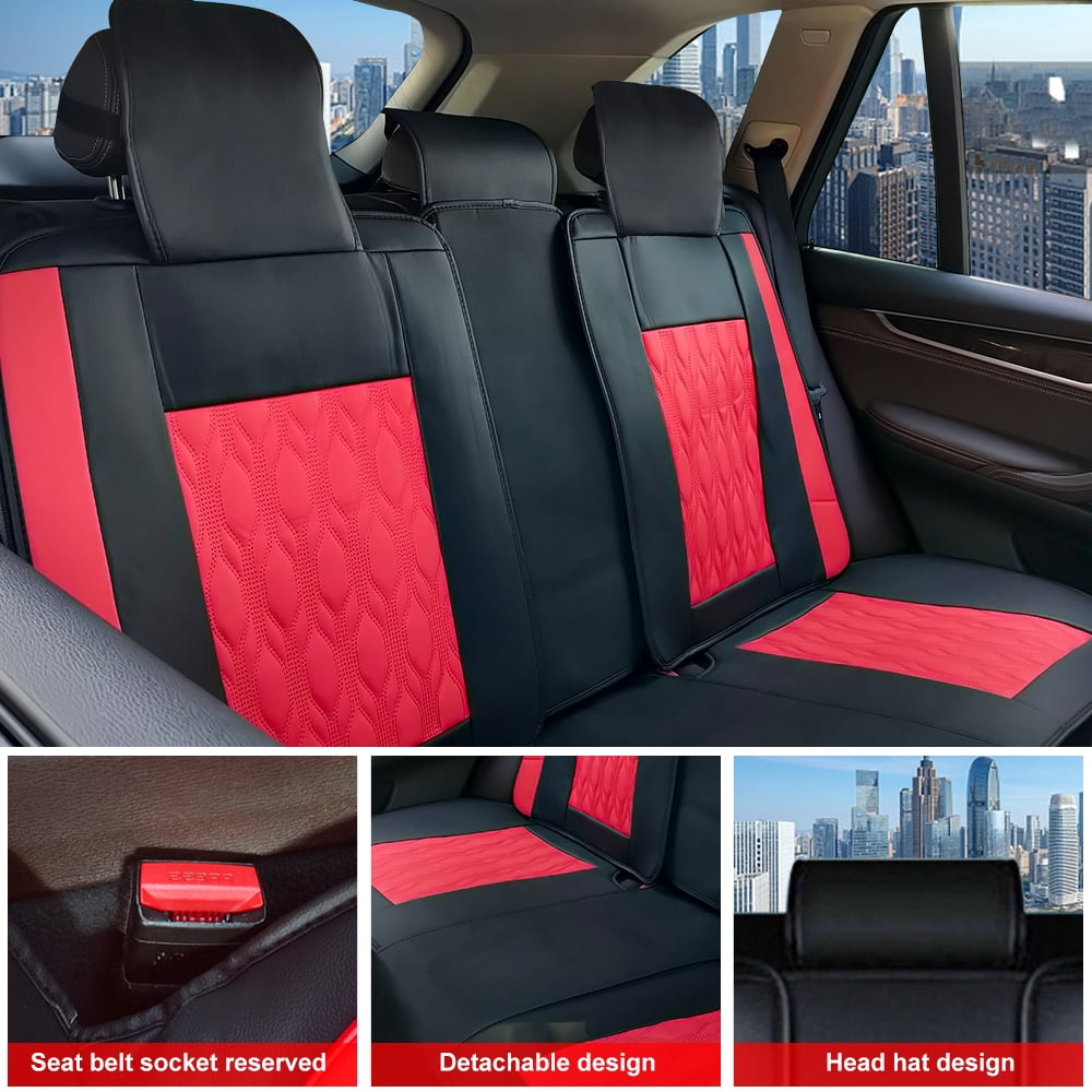 Maidao Car Seat Covers Set,5 Seats Breathable Faux Leather Seat Protectors Full Set, Universal Auto Seat Protectors Cushions, Auto Interiors Fit Most Cars SUV Trucks Black and Red