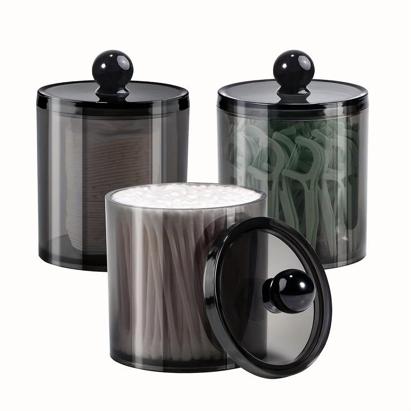 4 Pack of 12 Oz. Dispenser Apothecary Jars Bathroom with Labels - Holder Storage Canister Clear Plastic Acrylic Jar for Ball,Cotton Swab,Cotton Rounds,Floss Picks, Hair Clips (Black)