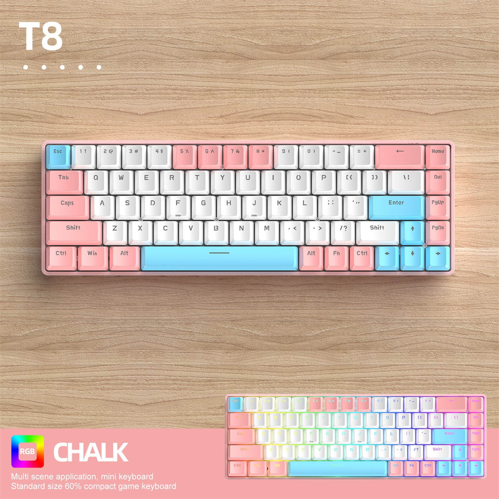Computer Desktop Gaming Keyboard, 68 Key Mechanical Wired RGB LED Backlit Blue Switch