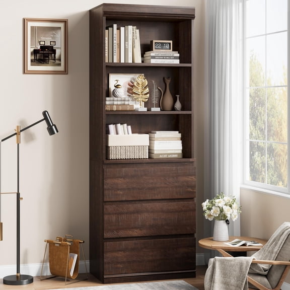 70" Tall Bookcase with Drawers, Bookshelf w/ 3 Tier Open Shelves & 3 Storage Drawers, Modern Deep Storage Book Shelf Storage Cabinet Organizer for Living Room Office Library (Brown)