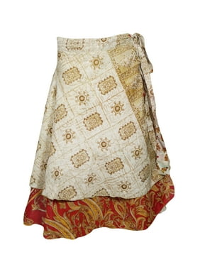 Mogul Women Beige Red Silk Sari Wrap Skirt Two Layer Vintage Printed Beach Bikini Cover Up Resort Wear Sarong Dress