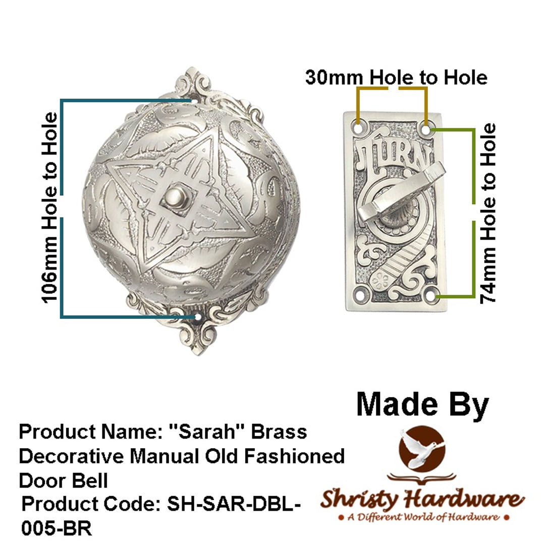 Shristy Hardware "Sarah" Brass Manual Old Fashioned Door Bell – Vintage Twist Bell with Key Plate – Mechanical Doorbell for Home – (Pack of 1 Satin Nickel Finish) - PT-2