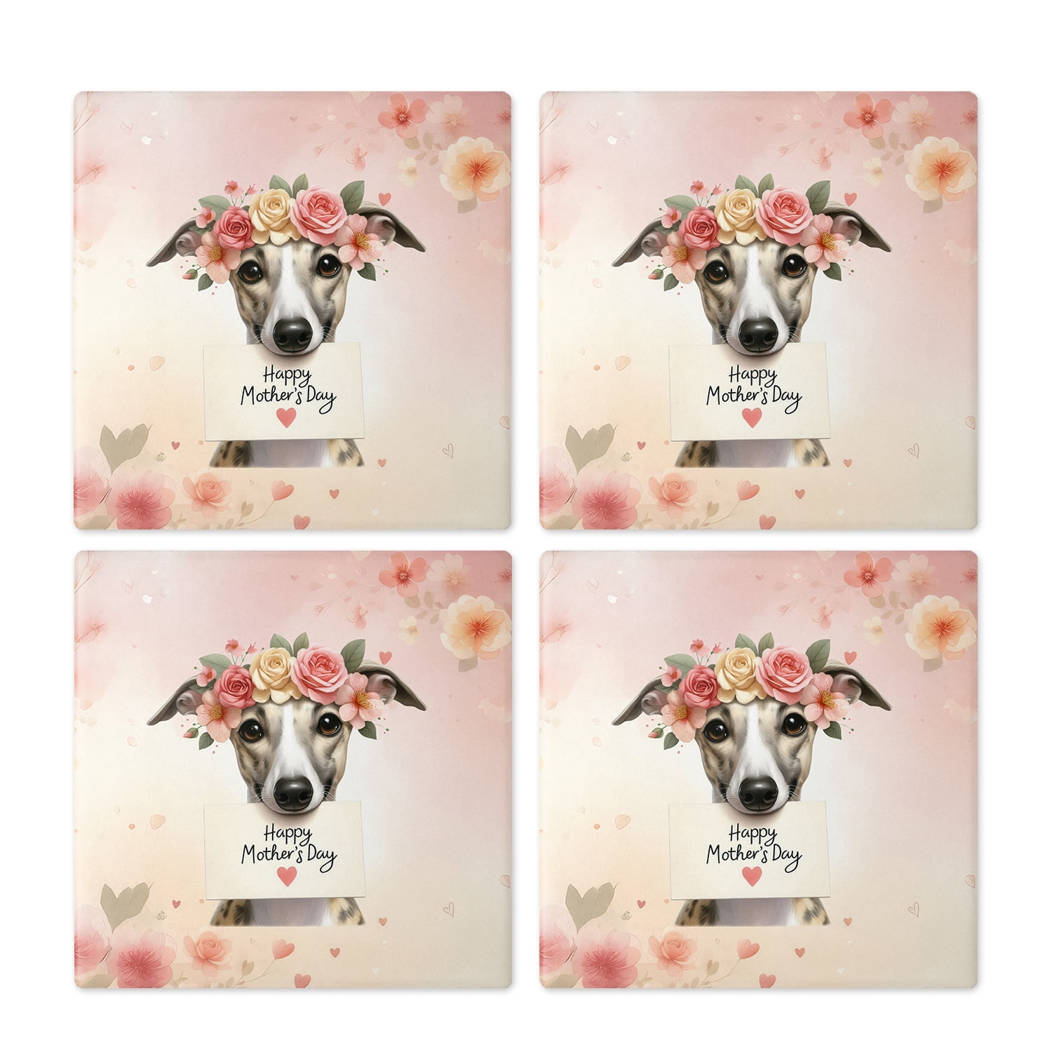 Happy Mother's Day Whippet with Flower Crown and Greeting Card Set of 4 Stone Coasters Dog Lover 4x4in Absorbent Soapstone Coaster - 13004