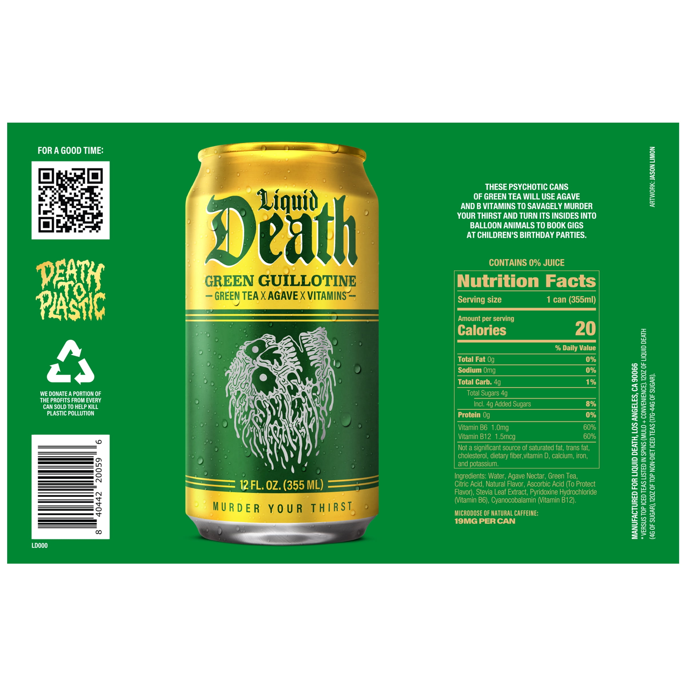 Liquid Death, Green Guillotine Iced Tea, 6-Pack (12 fl oz Cans), Green Tea, Low Calorie, No Artificial Sweeteners, B12 and B6 Vitamins