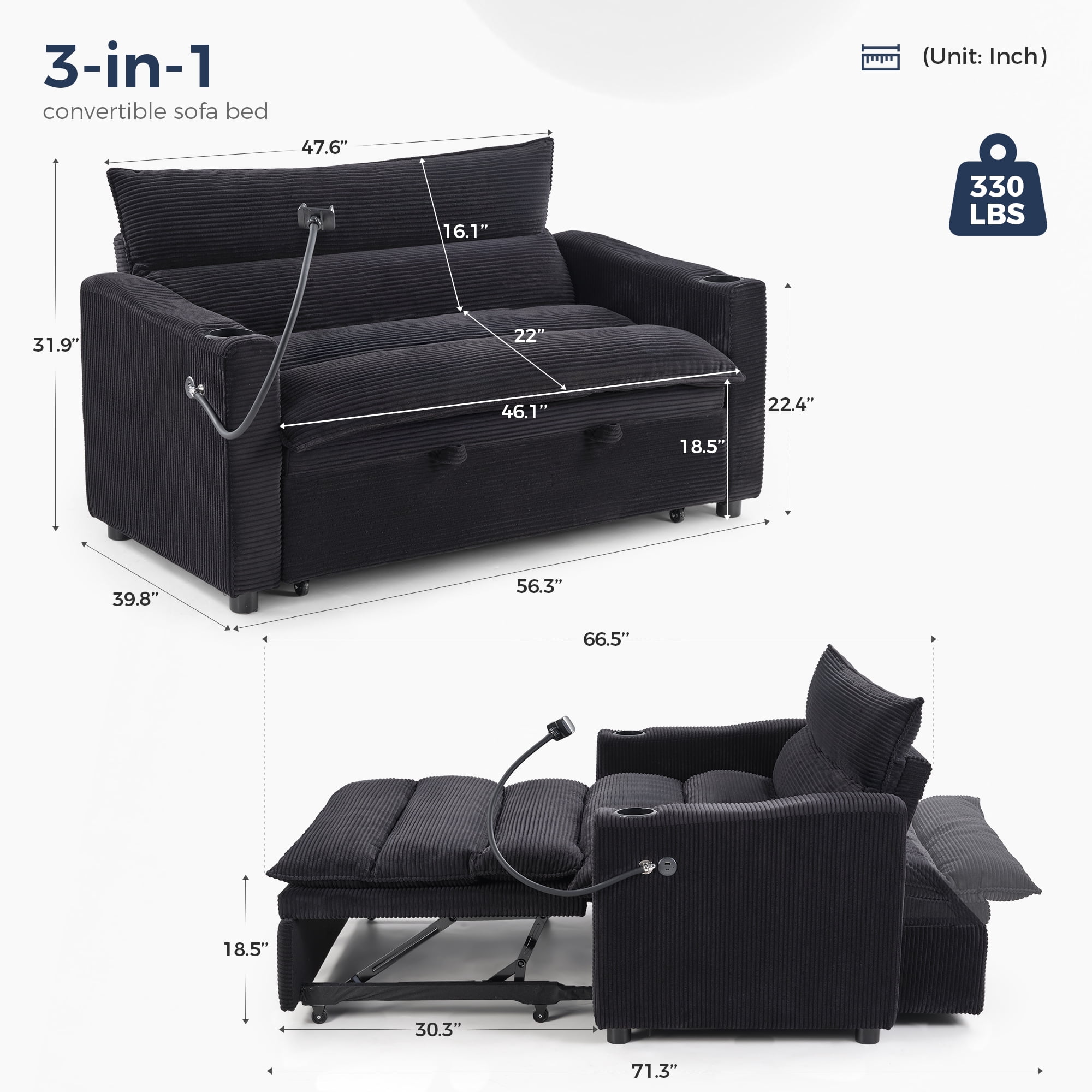 Ebello 3-in-1 Sleeper Sofa Bed, Corduroy Convertible Pullout Futon Couch with Adjustable Backrest, Phone Holders & USB Ports for Apartment, Small Space, 2-Seat(Black)