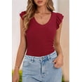 thumbnail image 4 of T-Shirts d'Été Sans Manches à Volants Col en V Ajusté pour Femmes Rouge Vin TTG, 4 of 7