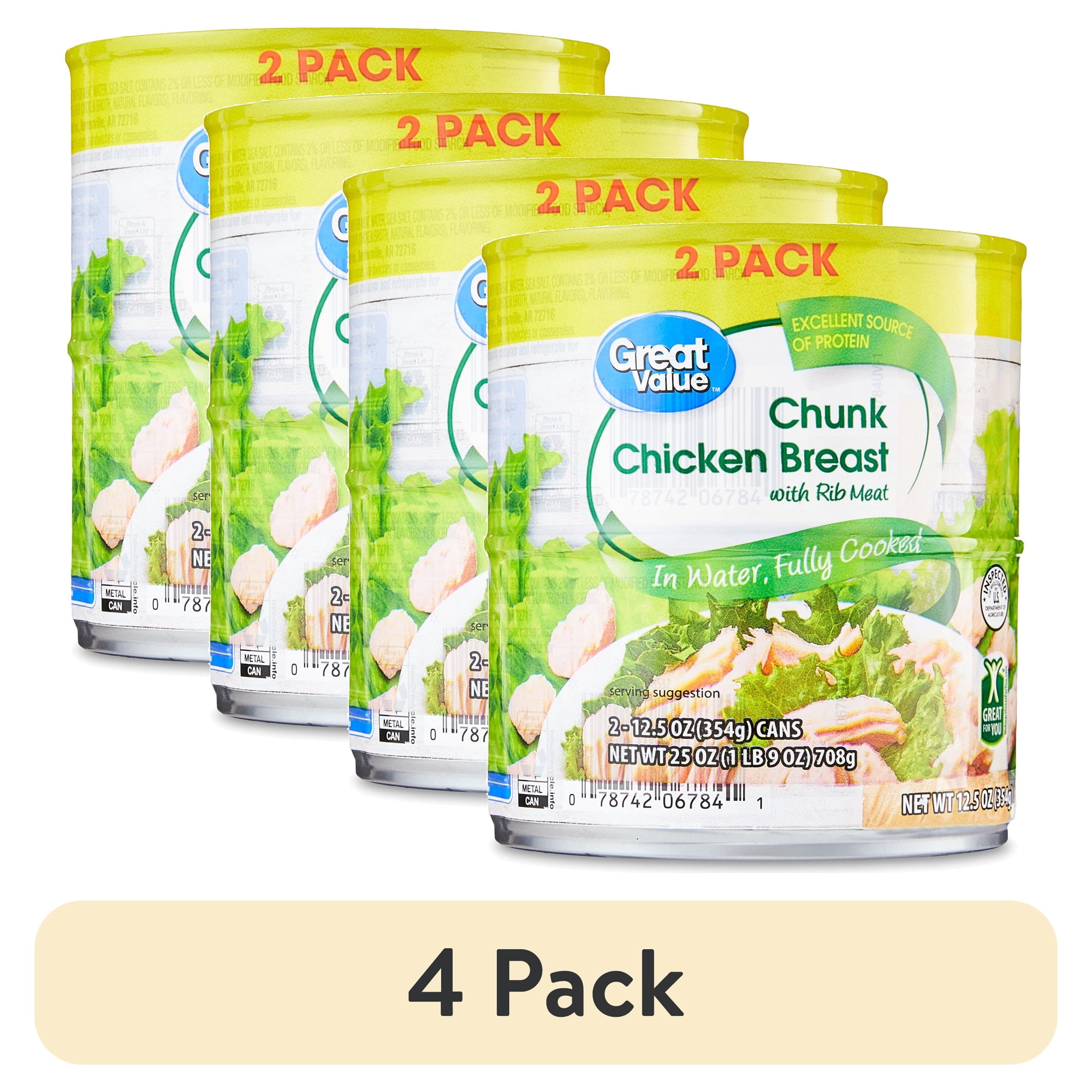 (4 pack) Great Value Chunk Chicken Breast with Rib Meat in Water, 12.5 oz Cans, 2 Pack