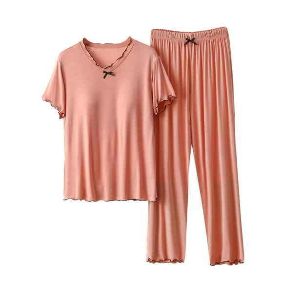 Ashirexll Pajamas for Women Set, Two Piece Sets for Women, Plain Round Neck Short Sleeve Blouse and Pant Sleepwear Set
