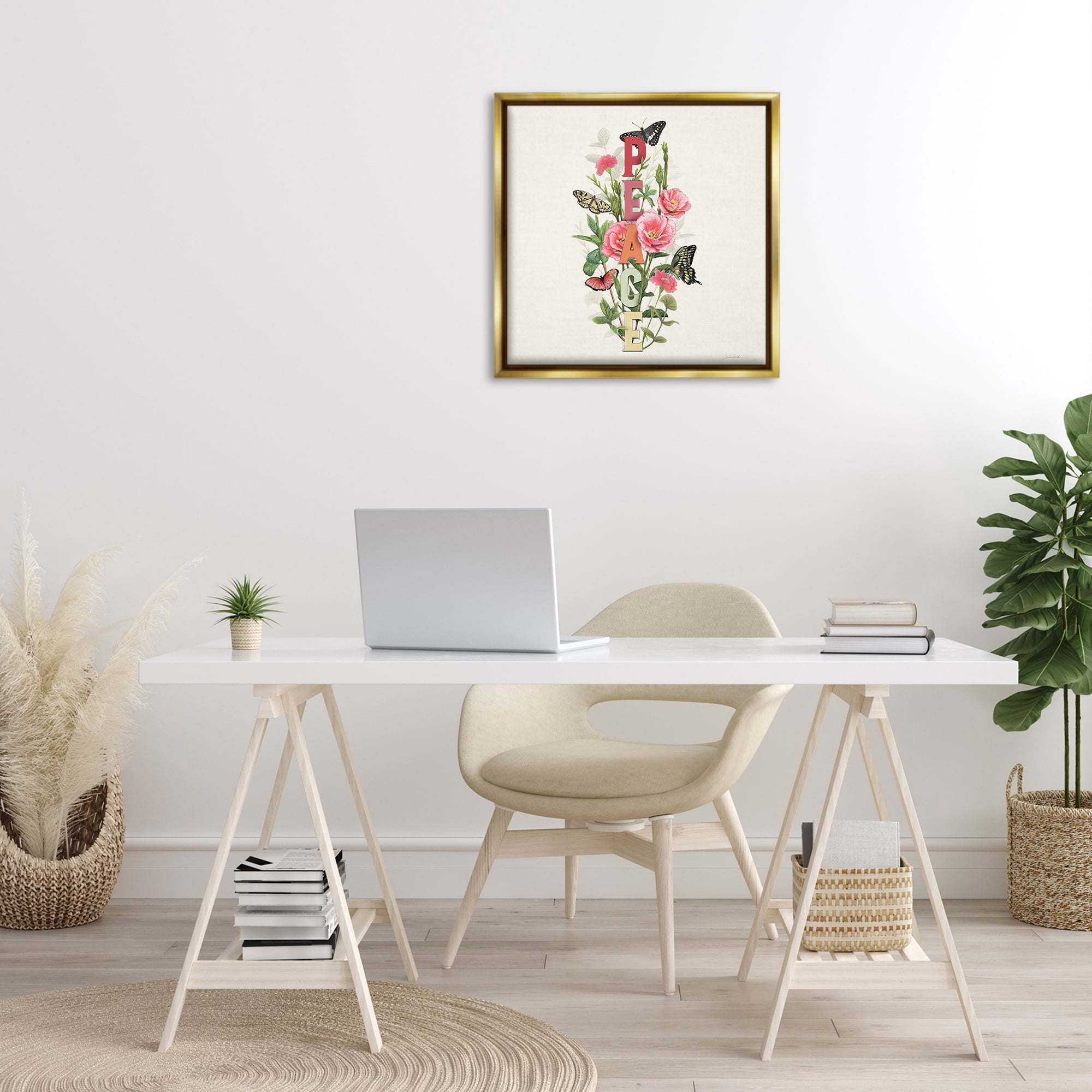 Stupell Industries Peace with Butterflies Botanical & Floral Painting Gold Floater Framed Canvas Art Print Wall Art, 25 x 25