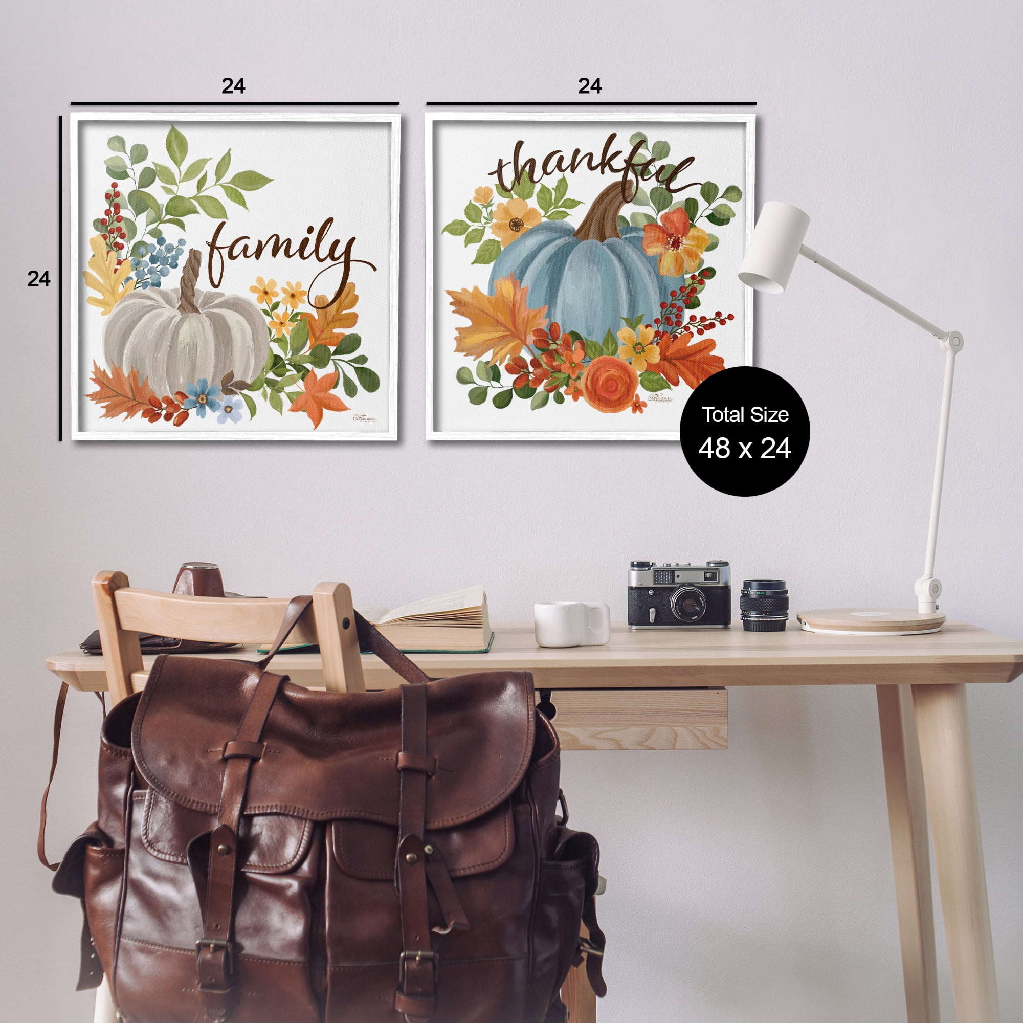 Stupell Industries Family Thankful Fall Pumkin Botanical & Floral Painting White Framed Art Prints Wall Art, 24 x 24, Set of 2