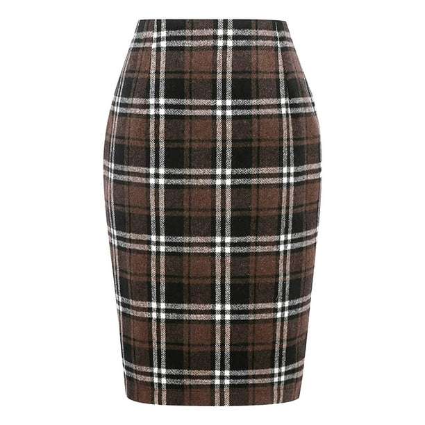 Midi Skirts For Women Pencil Plaid For Fall Winter High Waisted Bodycon ...